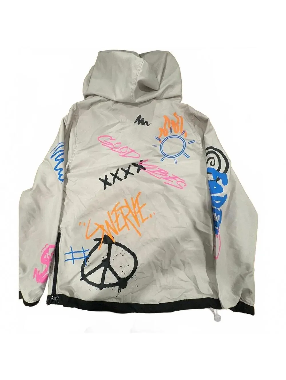 rue21 Cream Graffiti Print Half-Zip Hooded Windbreaker Jacket-340